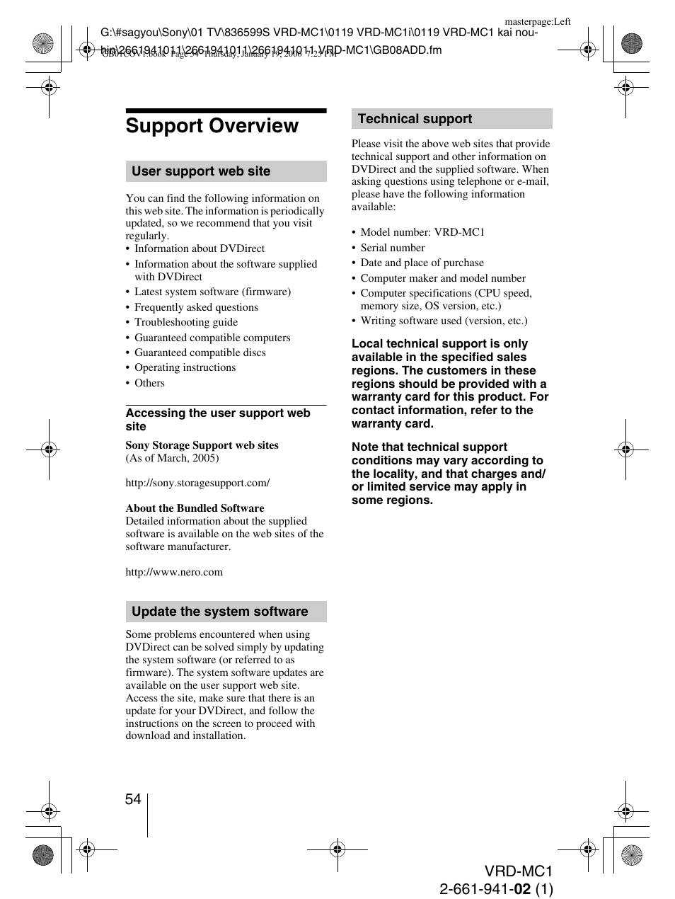 Support overview, User support web site, Update the system software | Technical support | Sony VRD-MC1 User Manual | Page 54 / 56