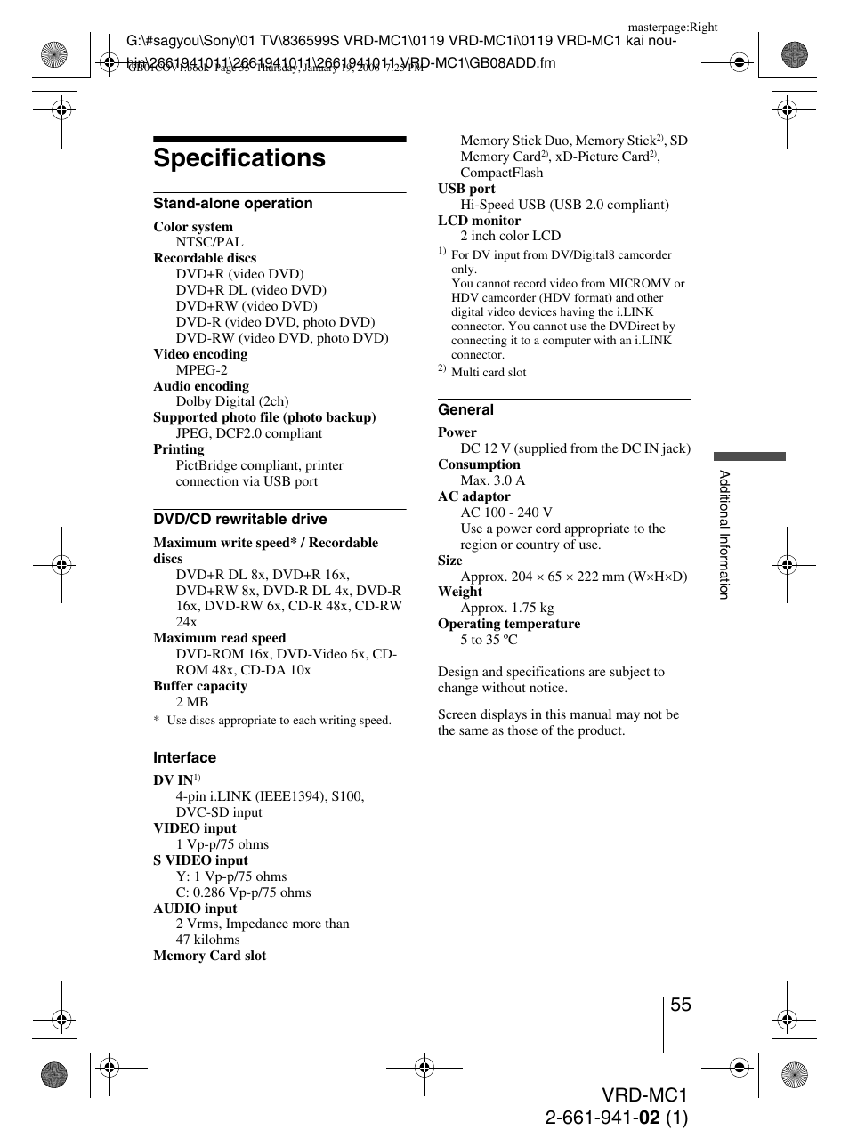 Specifications | Sony VRD-MC1 User Manual | Page 55 / 56