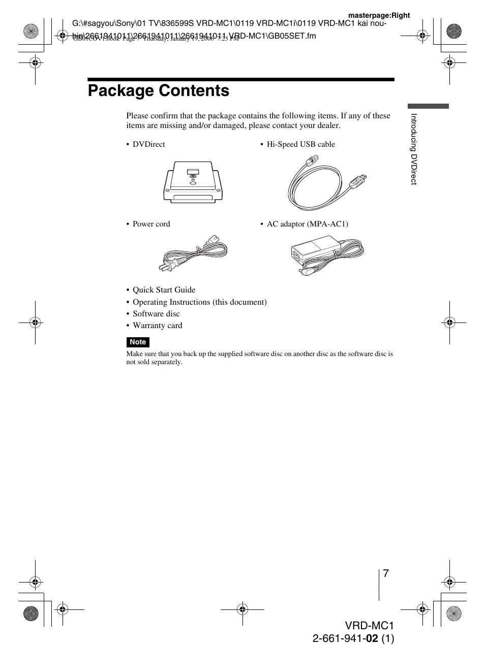 Package contents | Sony VRD-MC1 User Manual | Page 7 / 56