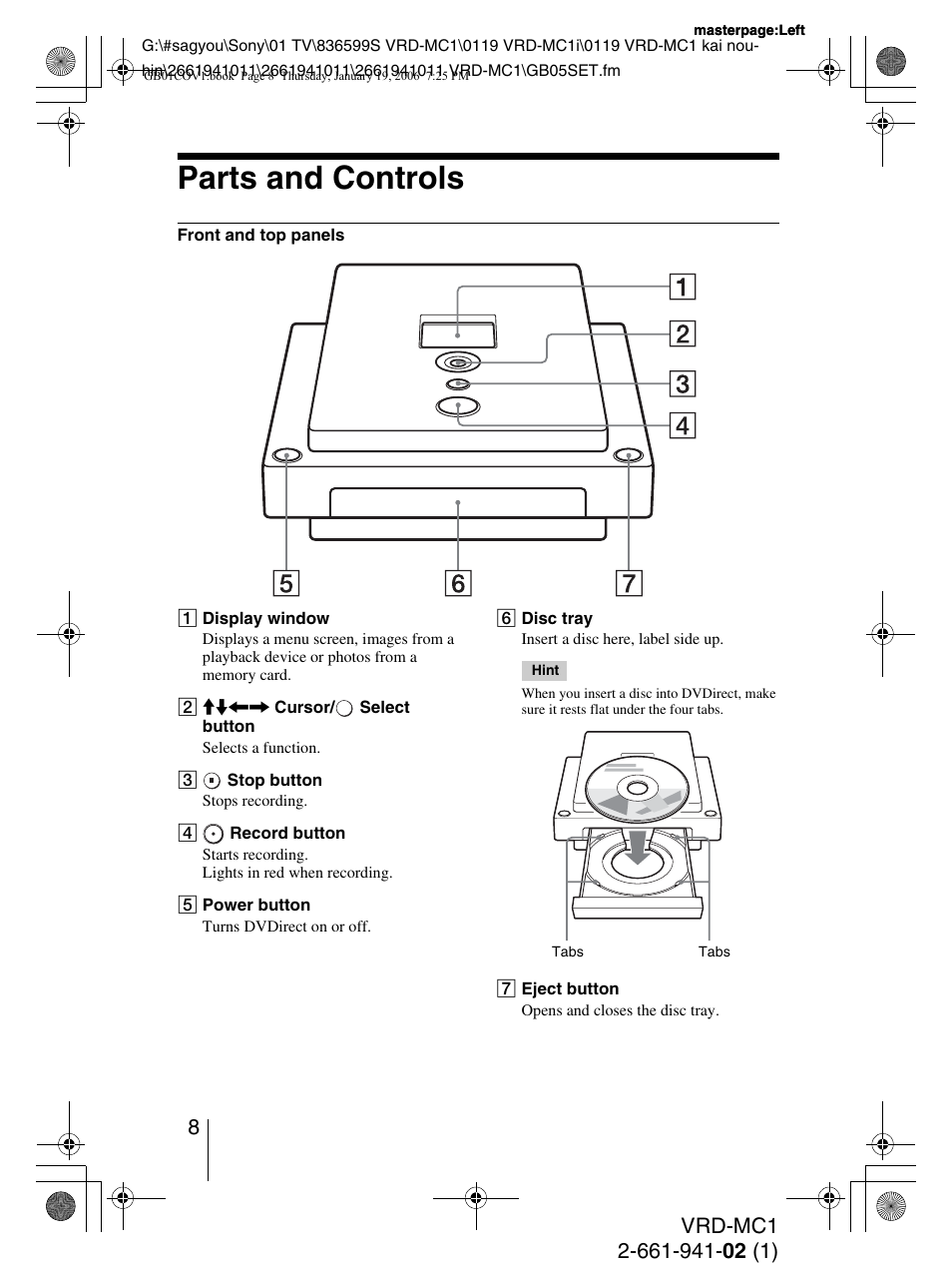 Parts and controls | Sony VRD-MC1 User Manual | Page 8 / 56