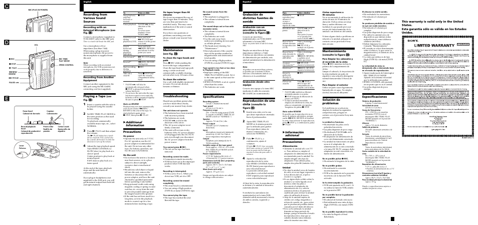 Ec d, Recording from various sound sources, Playing a tape | Badditional information precautions, Maintenance, Troubleshooting, Specifications, Grabación de distintas fuentes de sonido, Reproducción de una cinta, Mantenimiento | Sony TCM-220DV User Manual | Page 2 / 2