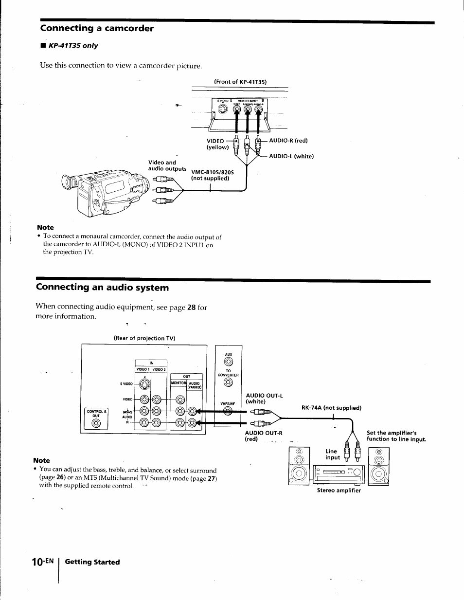 Connecting a camcorder, Connecting an audio system, Use this connection to view a camcorder picture | When connecting audio equipment, see page, For more information, 1q-en getting started | Sony KP-41T35 User Manual | Page 10 / 84