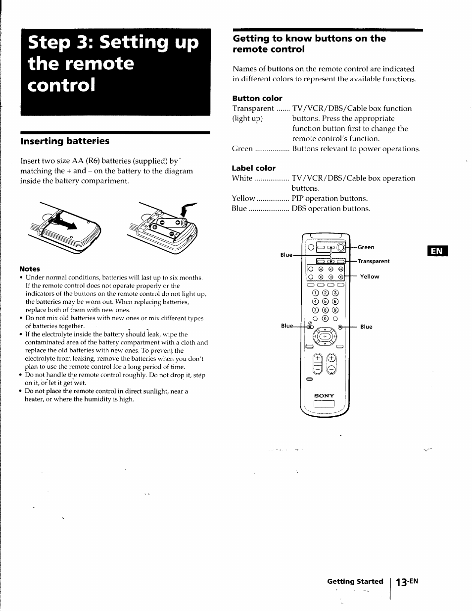 Inserting batteries, Getting to know buttons on the remote control, Button color | Label color, Step 3: setting up the remote control | Sony KP-41T35 User Manual | Page 13 / 84