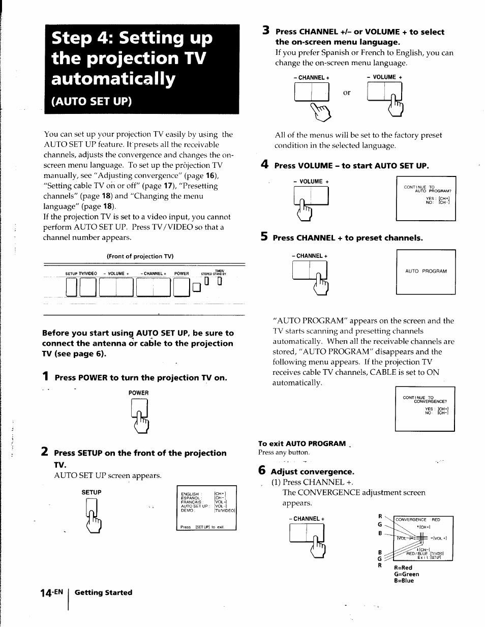 Step 4: setting up the projection tv automatically, 4 press volume - to start auto set up, 5 press channel + to preset channels | 1 press power to turn the projection tv on, 2 press setup on the front of the projection tv, To exit auto program, 6 adjust convergence, Auto set up) | Sony KP-41T35 User Manual | Page 14 / 84