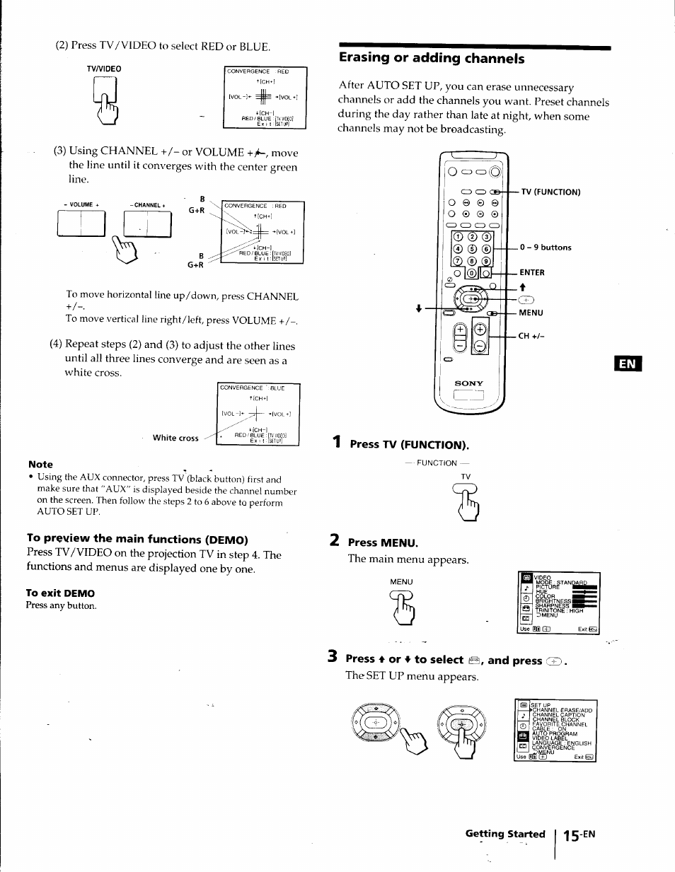 Note, To preview the main functions (demo), To exit demo | Erasing or adding channels, 1 press tv (function), 2 press menu, 3 press ♦ or ♦ to select e, and press gd, 2) press tv/video to select red or blue, The main menu appears, The set up menu appears | Sony KP-41T35 User Manual | Page 15 / 84