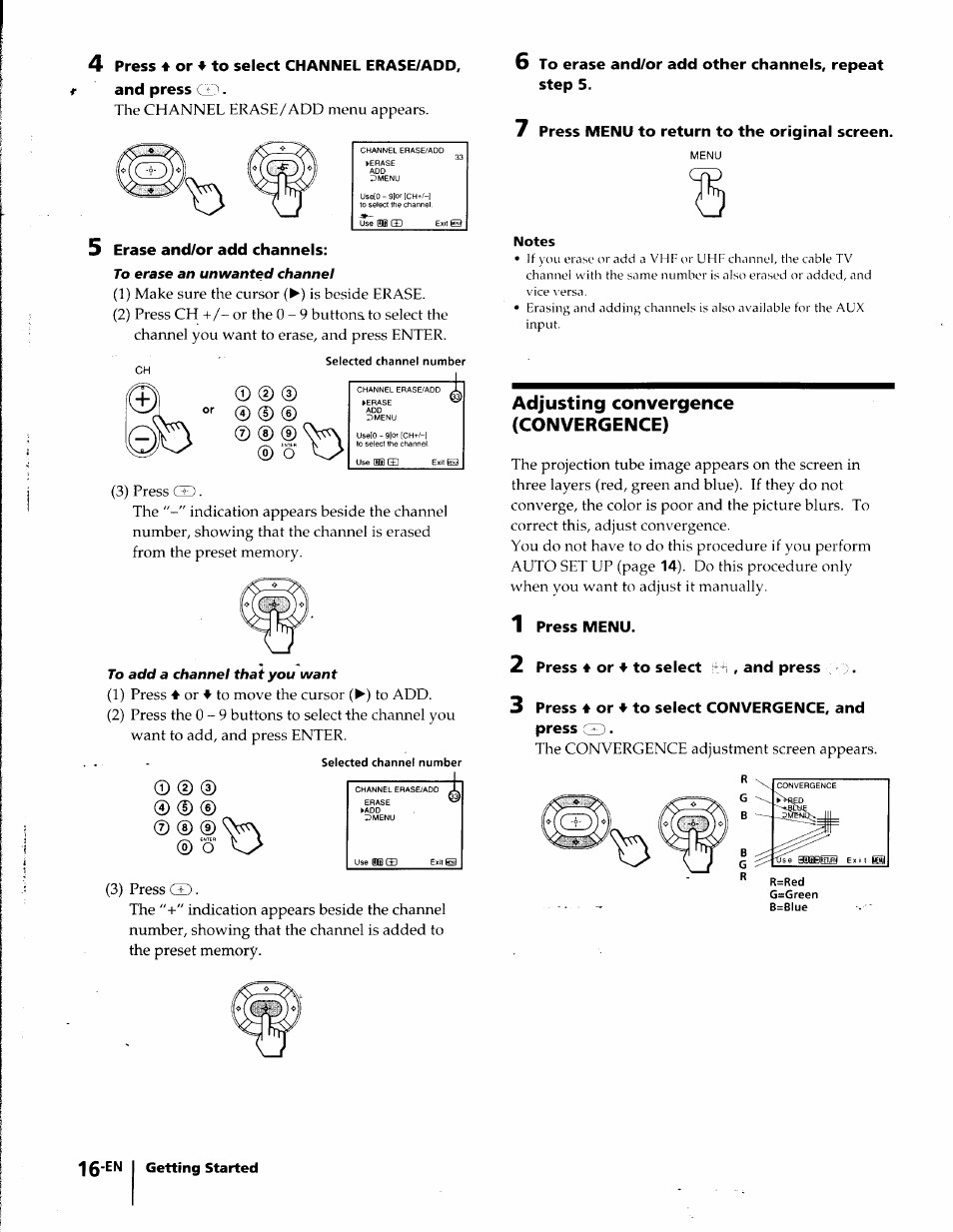 Erase and/or add channels, 7 press menu to return to the original screen, Notes | Adjusting convergence (convergence), 1 press menu, 2 press 4 or 4 to select id , and press, 3 press 4 or 4 to select convergence, and press gd | Sony KP-41T35 User Manual | Page 16 / 84