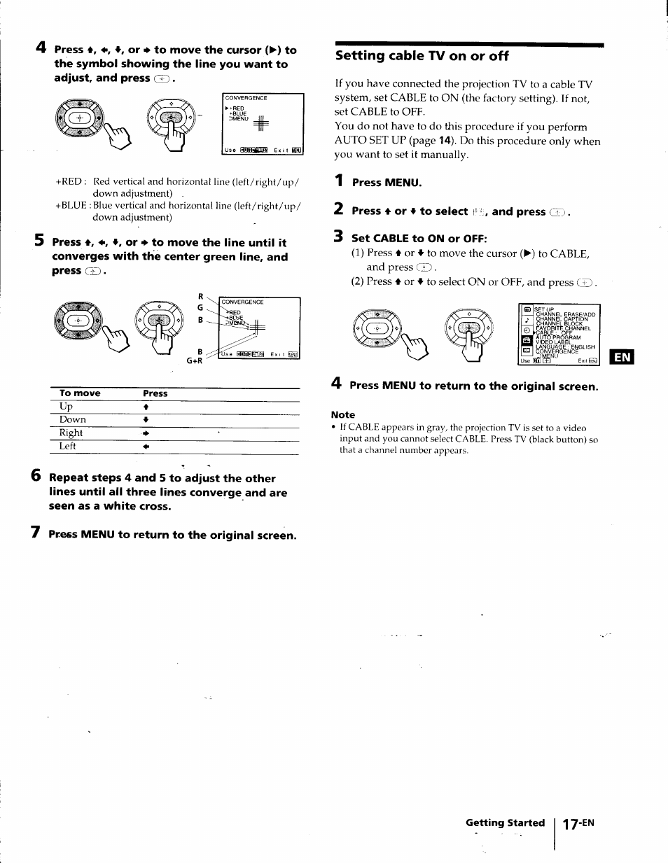 Setting cable tv on or off | Sony KP-41T35 User Manual | Page 17 / 84