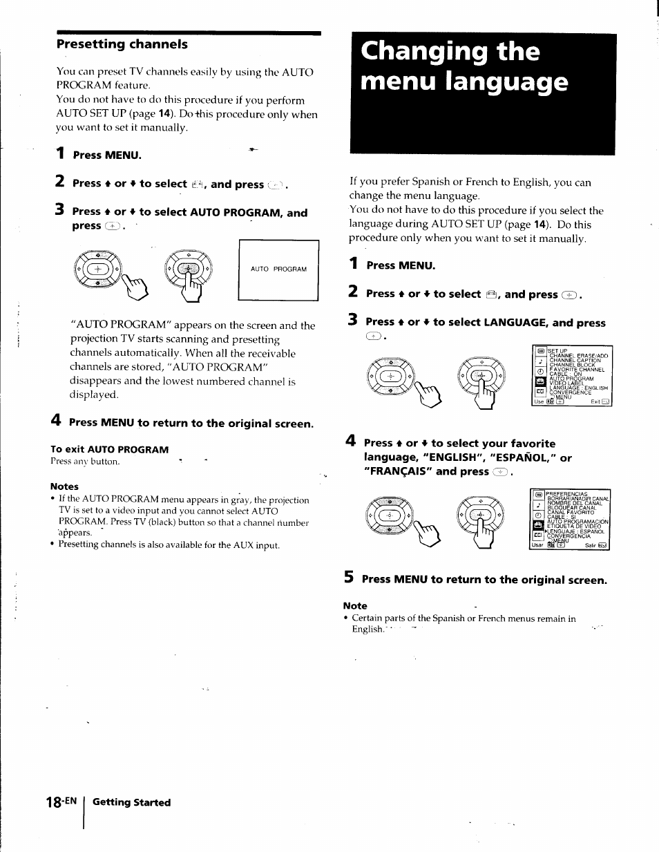 Presetting channels, 1 press menu, 2 press ♦ or ♦ to select it, and press | 3 press or 4 to select auto program, and press gd, 4 press menu to return to the original screen, To exit auto program, Notes, 2 press ♦ or 4 to select e, and press gd, 3 press 4 or 4 to select language, and press, 5 press menu to return to the original screen | Sony KP-41T35 User Manual | Page 18 / 84