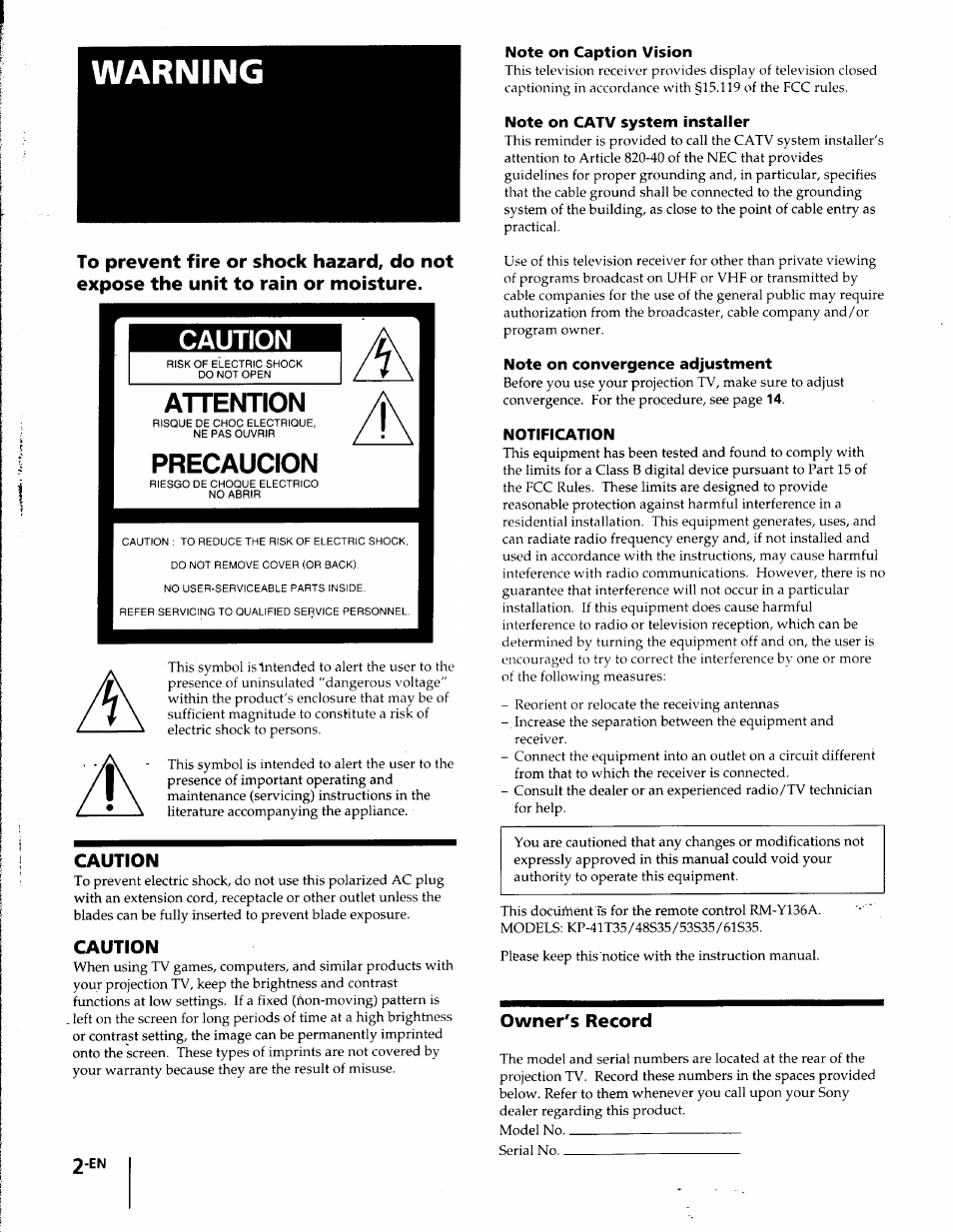 Caution, Note on caption vision, Note on catv system installer | Note on convergence adjustment, Notification, Owner's record, Warning | Sony KP-41T35 User Manual | Page 2 / 84
