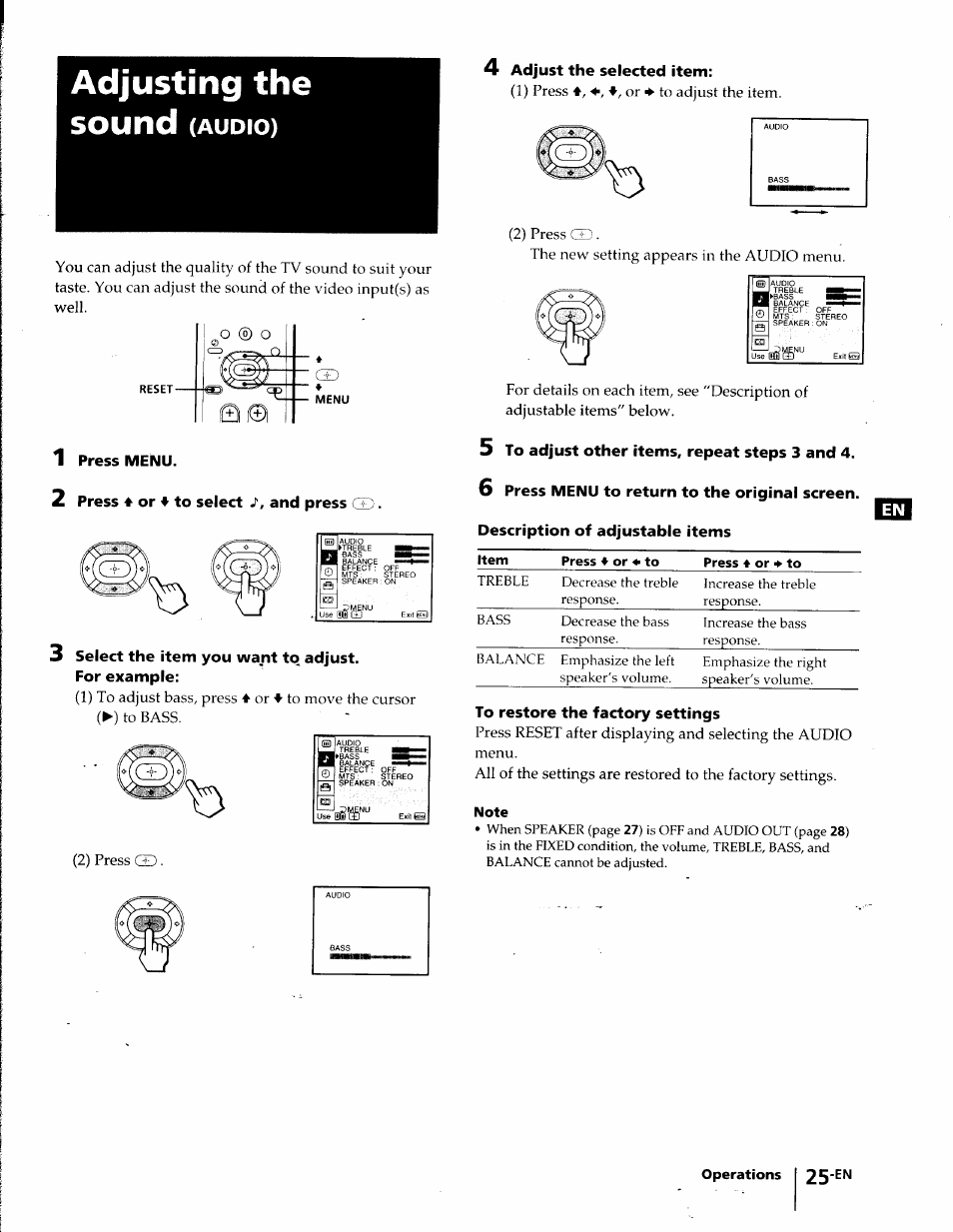 Adjusting the, Adjusting the sound, Audio) | Sony KP-41T35 User Manual | Page 25 / 84