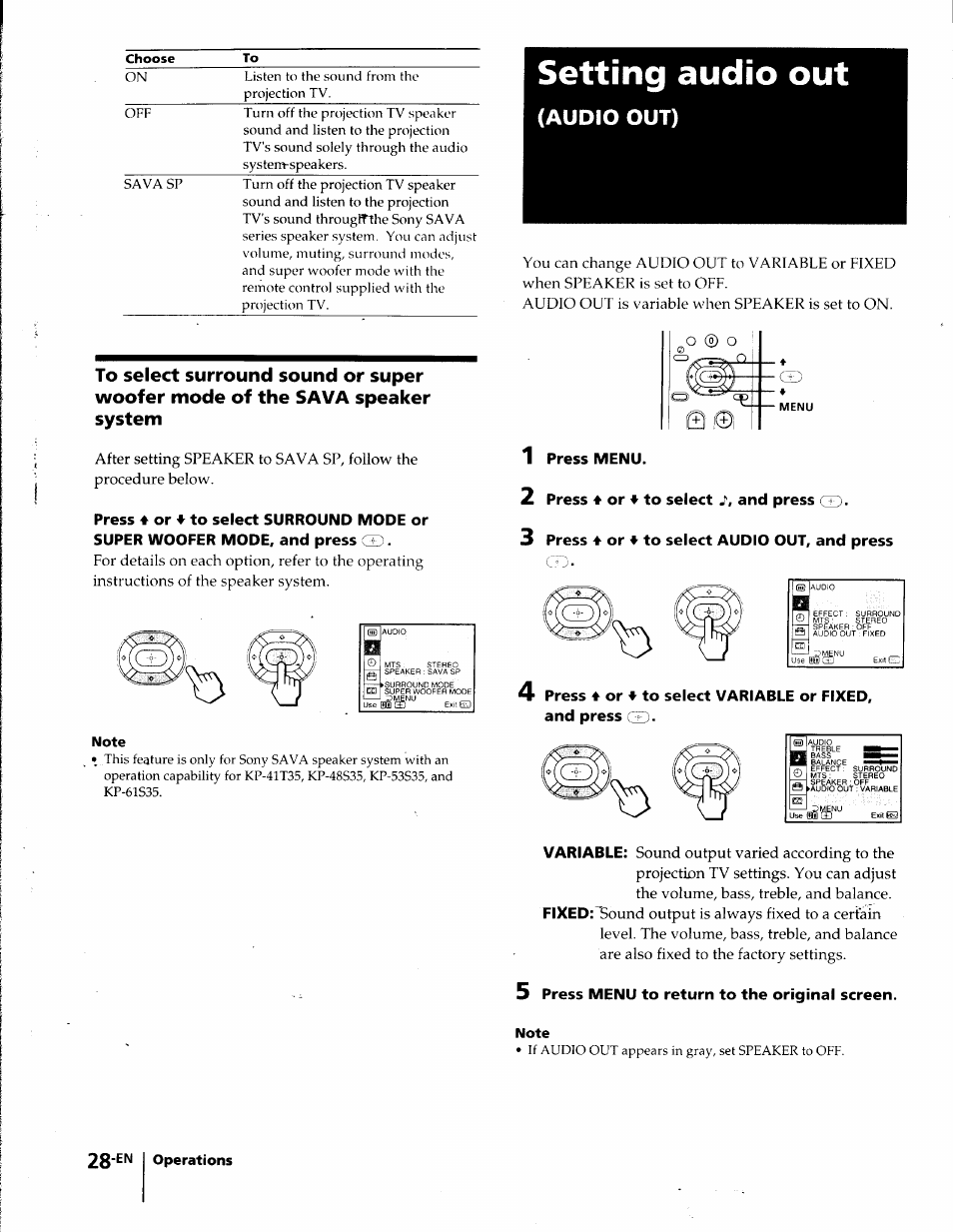 Setting audio out, 1 press menu, 2 press 4 or 4 to select j', and press gd | 3 press 4 or 4 to select audio out, and press, And press, 5 press menu to return to the original screen | Sony KP-41T35 User Manual | Page 28 / 84