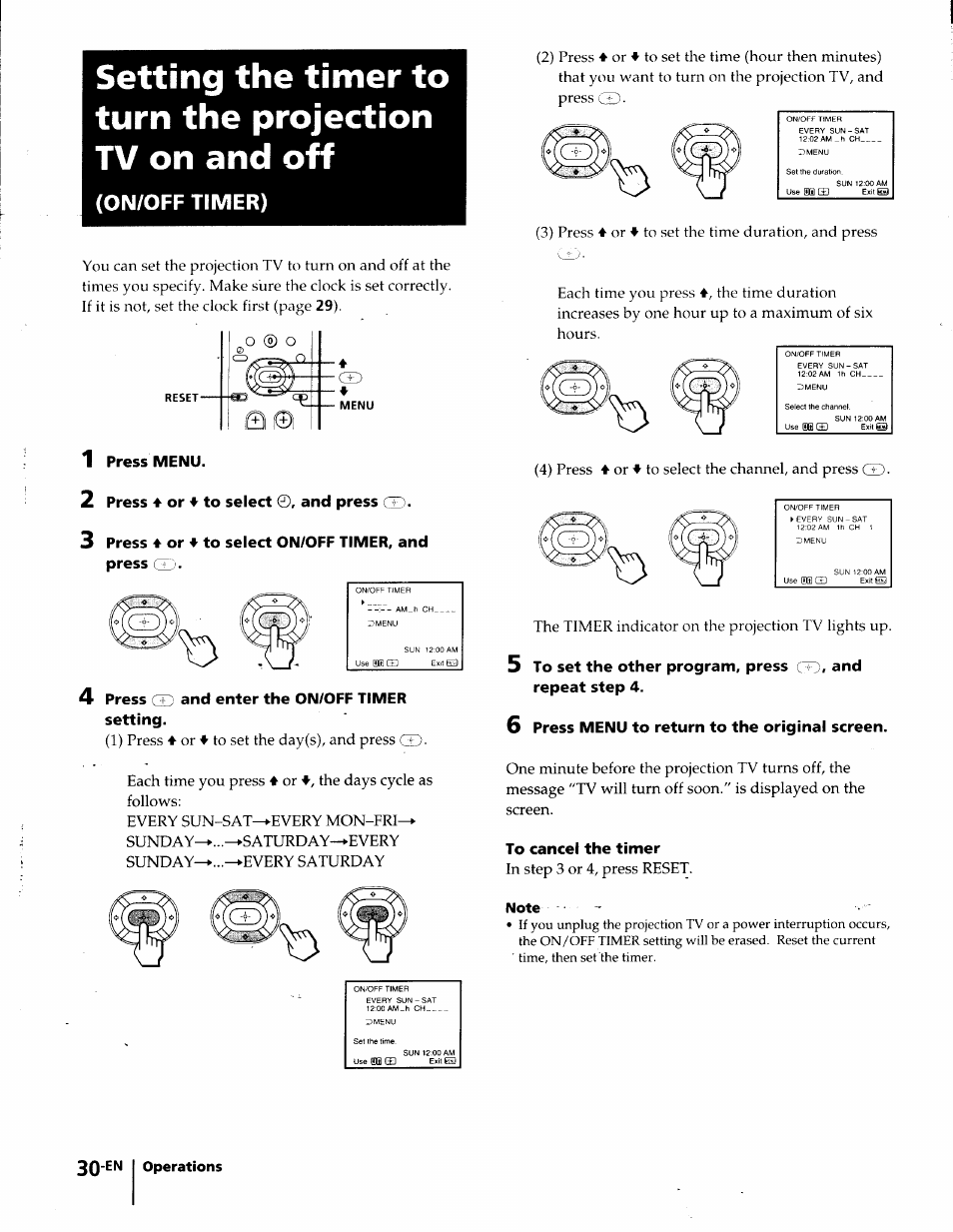 1 press menu, 2 press ♦ or ♦ to select ©. and press cd, 4 press gc and enter the on/off timer setting | 6 press menu to return to the original screen, To cancel the timer, Note, Setting the timer to turn the projection tv on and, On/off timer) | Sony KP-41T35 User Manual | Page 30 / 84