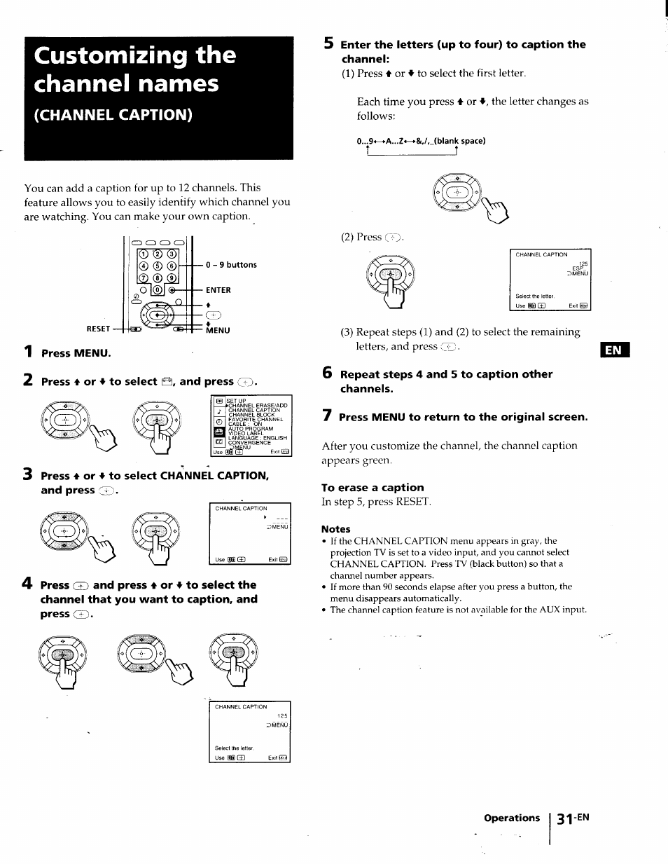 Notes, Customizing the channel names, Channel caption) | Sony KP-41T35 User Manual | Page 31 / 84