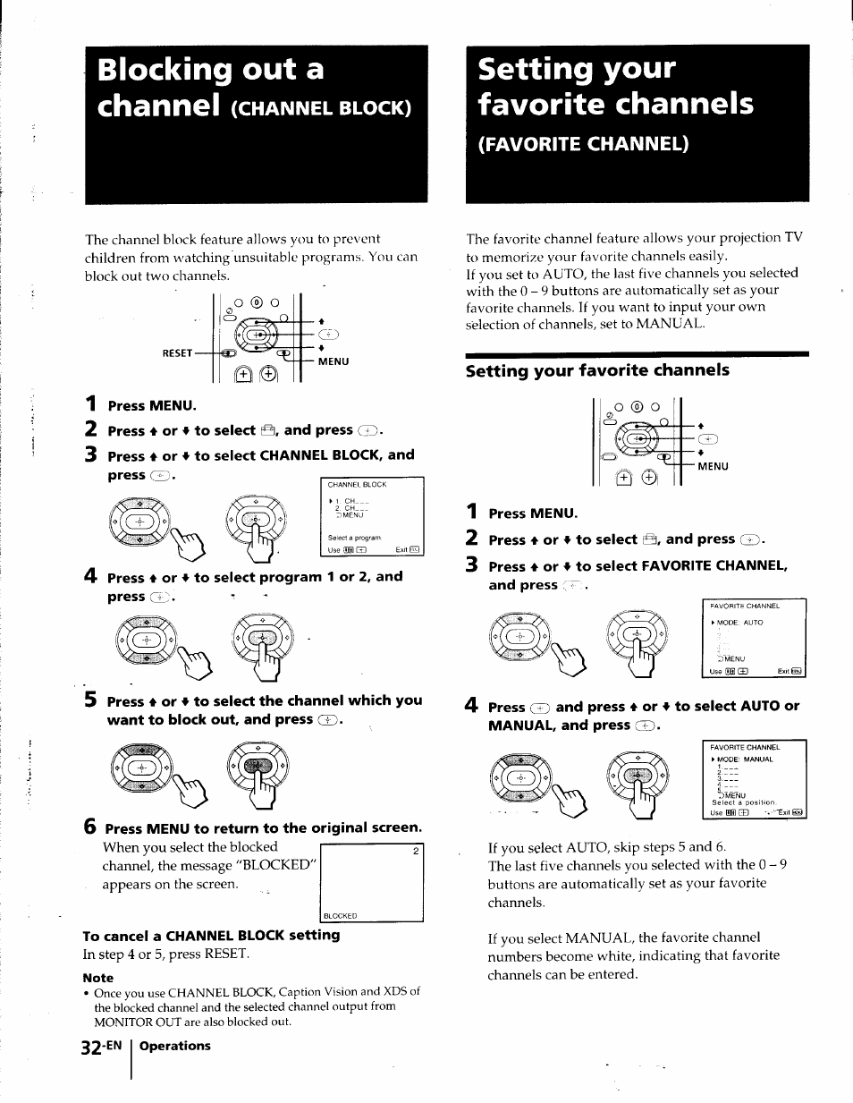 Blocking out a channel (channel block), Setting your favorite channels, 1 press menu | 2 press 4 or ♦ to select and press gd, 3 press 4 or 4 to select channel block, and, Press, 6 press menu to return to the original screen, To cancel a channel block setting, 2 press 4 or 4 to select s, and press gd, Blocking out a channel | Sony KP-41T35 User Manual | Page 32 / 84