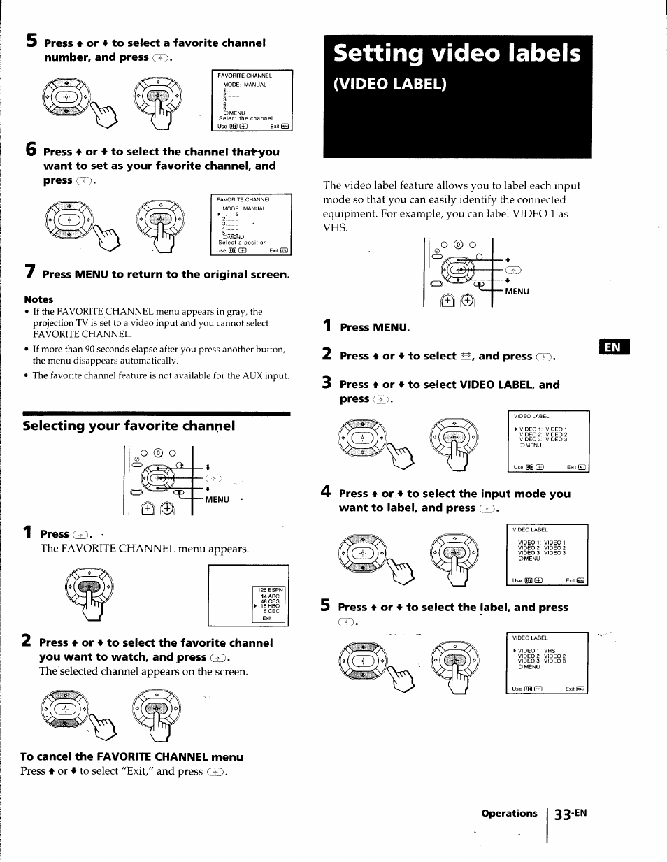 Selecting your favorite channel, Setting video labels, Video label) | Sony KP-41T35 User Manual | Page 33 / 84