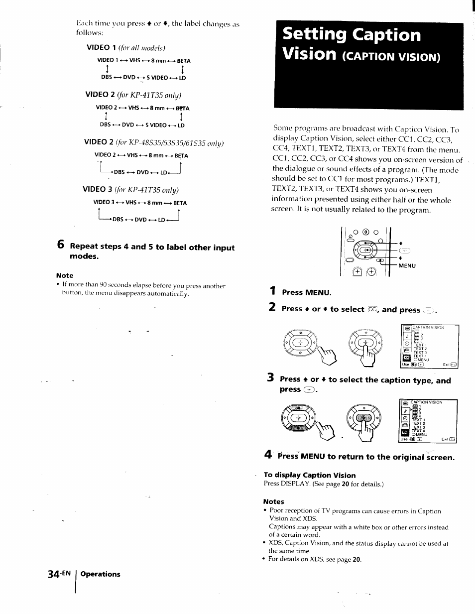 6 repeat steps 4 and 5 to label other input modes, Note, Setting caption | 1 press menu, 2 press ♦ or ♦ to select icg, and press, 4 press menu to return to the original screen, To display caption vision, Notes, Setting caption vision, Caption vision) | Sony KP-41T35 User Manual | Page 34 / 84