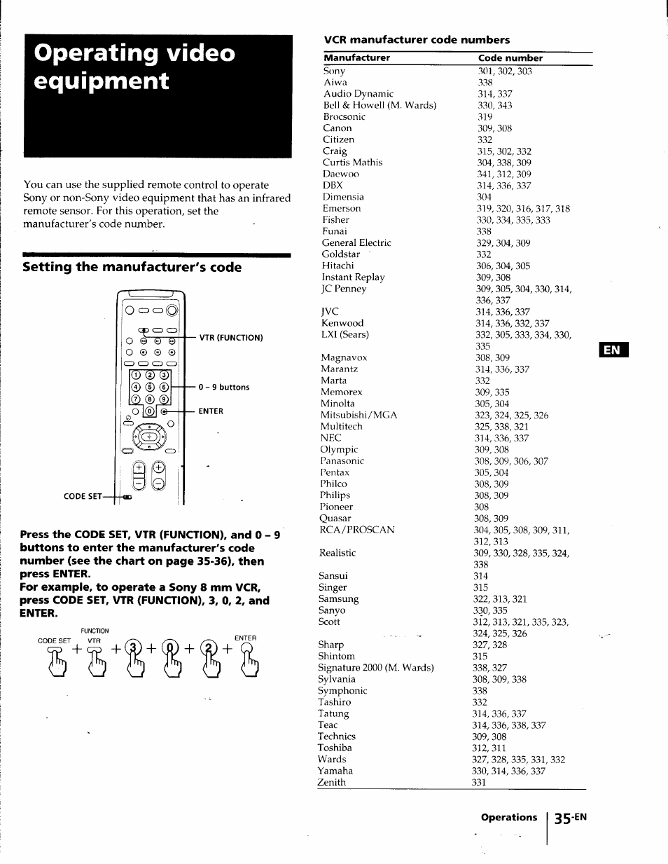 Operating video equipment, Setting the manufacturer's code | Sony KP-41T35 User Manual | Page 35 / 84