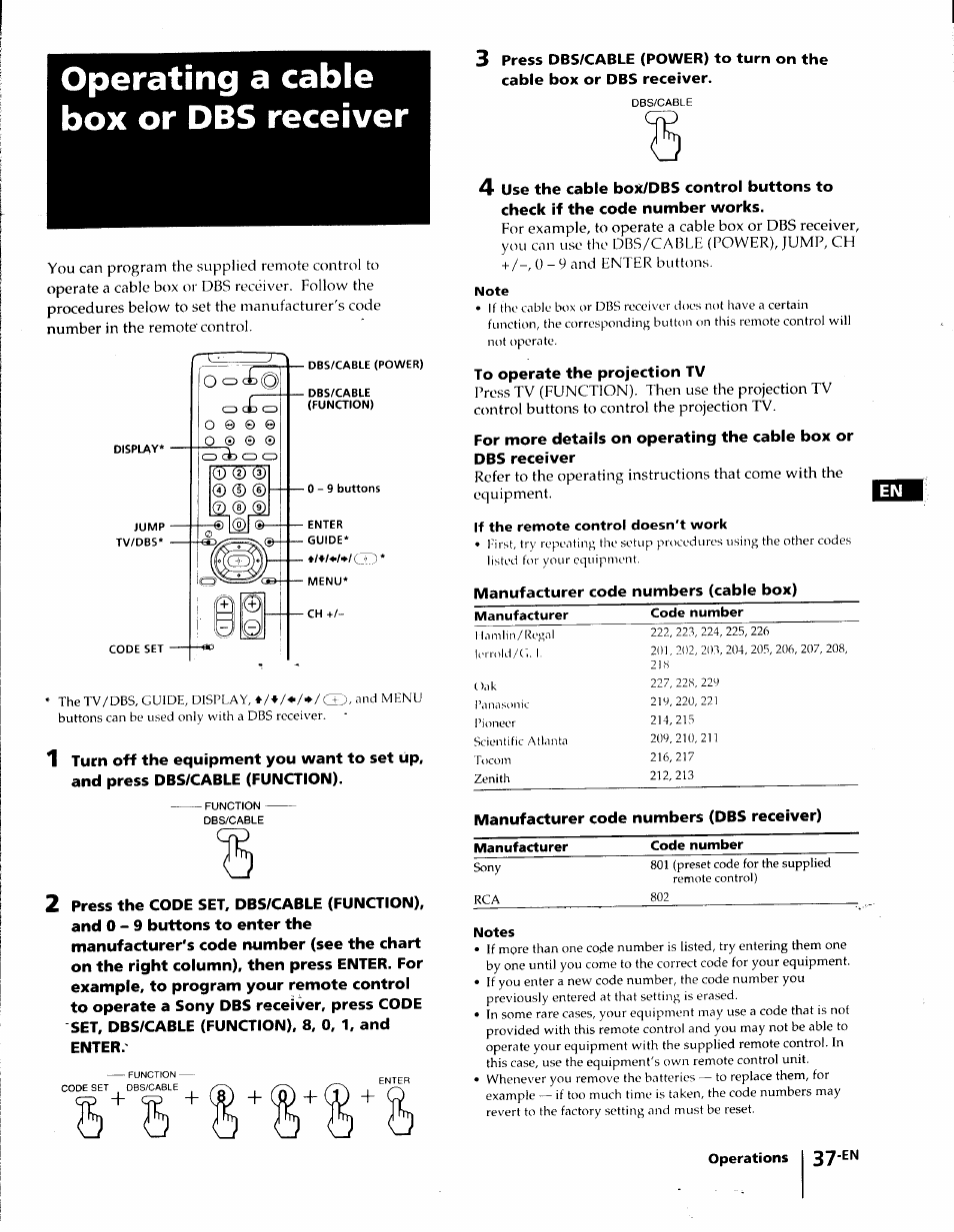 Operating a cable box or dbs receiver | Sony KP-41T35 User Manual | Page 37 / 84