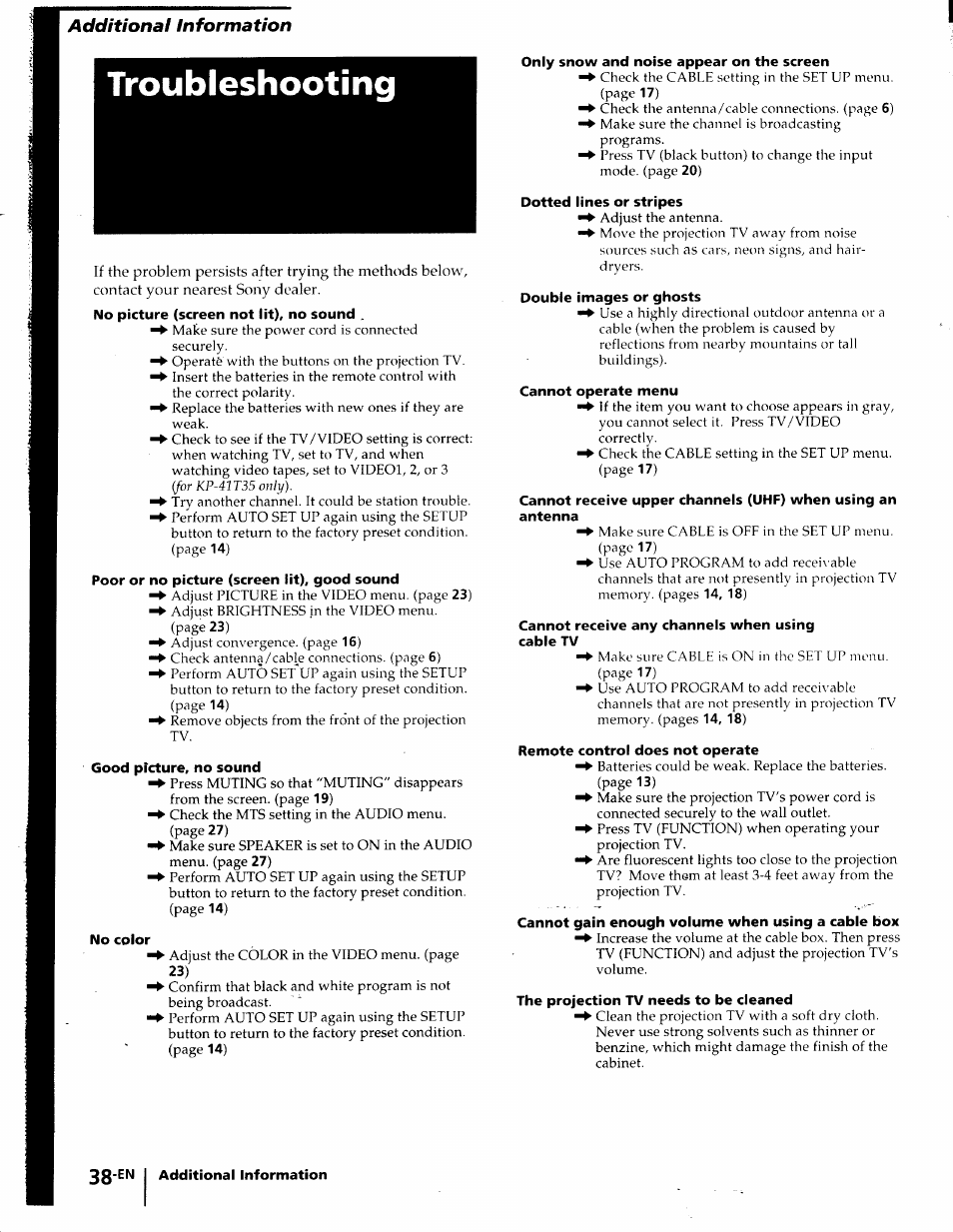 Troubleshooting, No picture (screen not lit), no sound, Poor or no picture (screen lit), good sound | Good picture, no sound, Only snow and noise appear on the screen, Dotted lines or stripes, Double images or ghosts, Cannot operate menu, Cannot receive upper channels (uhf) when using an, Antenna | Sony KP-41T35 User Manual | Page 38 / 84