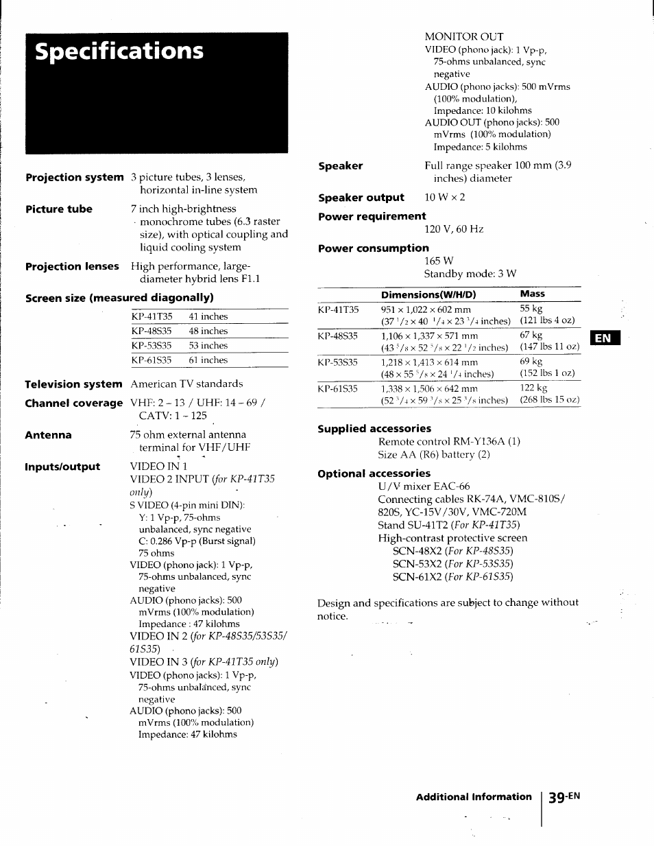 Specifications, Screen size (measured diagonally), Power requirement | Power consumption, Supplied accessories, Optional accessories | Sony KP-41T35 User Manual | Page 39 / 84