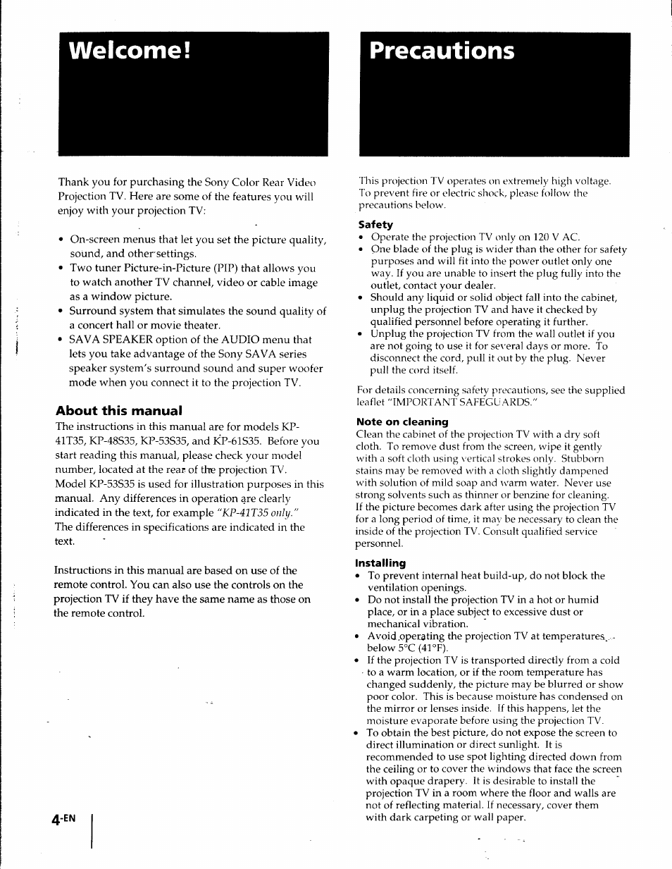 Precautions, About this manual, Safety | Note on cleaning, Installing, Welcome! precautions | Sony KP-41T35 User Manual | Page 4 / 84