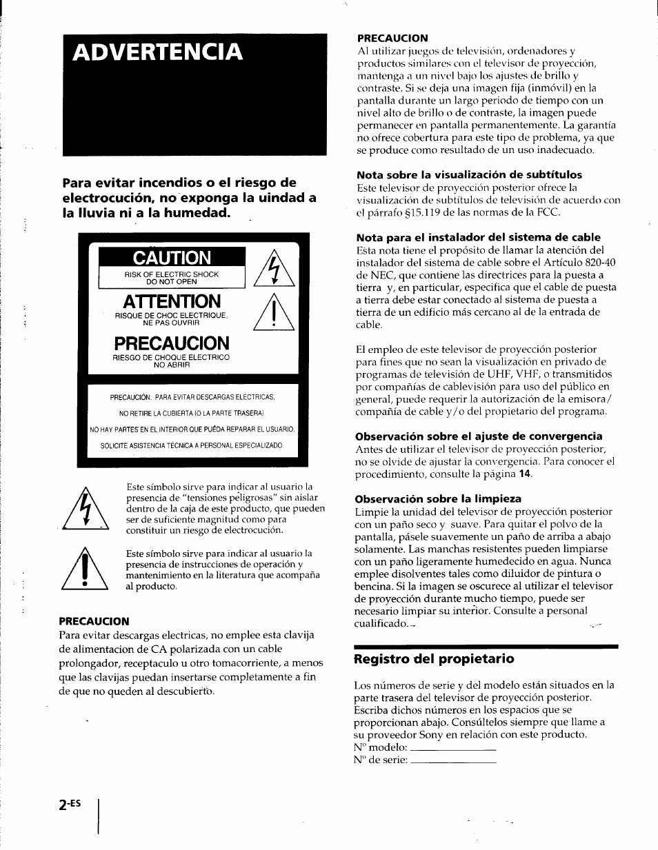 Advertencia, Precaucion, Nota sobre la visualización de subtítulos | Nota para el instalador del sistema de cable, Observación sobre el ajuste de convergencia, Observación sobre la limpieza, Registro del propietario | Sony KP-41T35 User Manual | Page 44 / 84