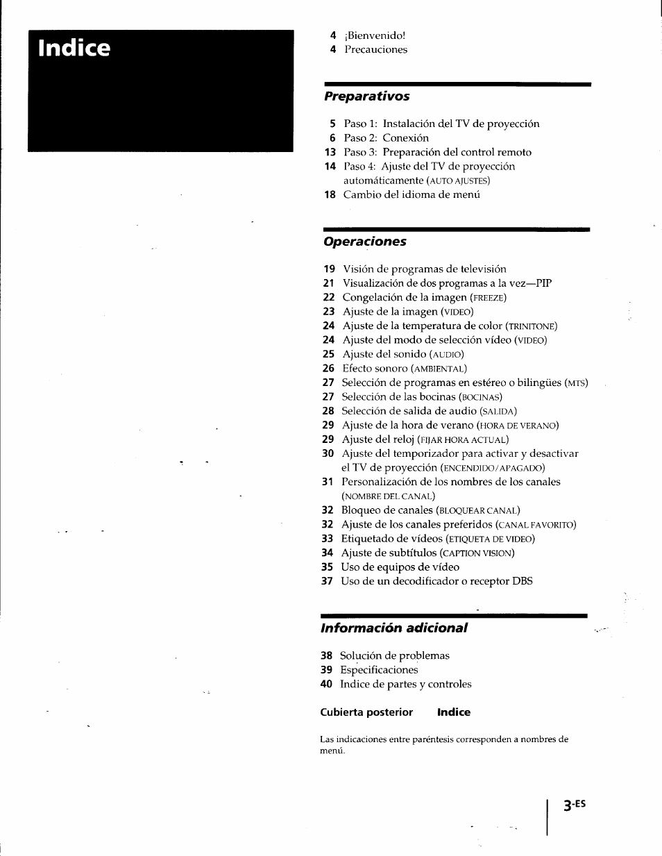 Cubierta posterior indice, Indice, Preparativos | Operaciones, Información adicional | Sony KP-41T35 User Manual | Page 45 / 84