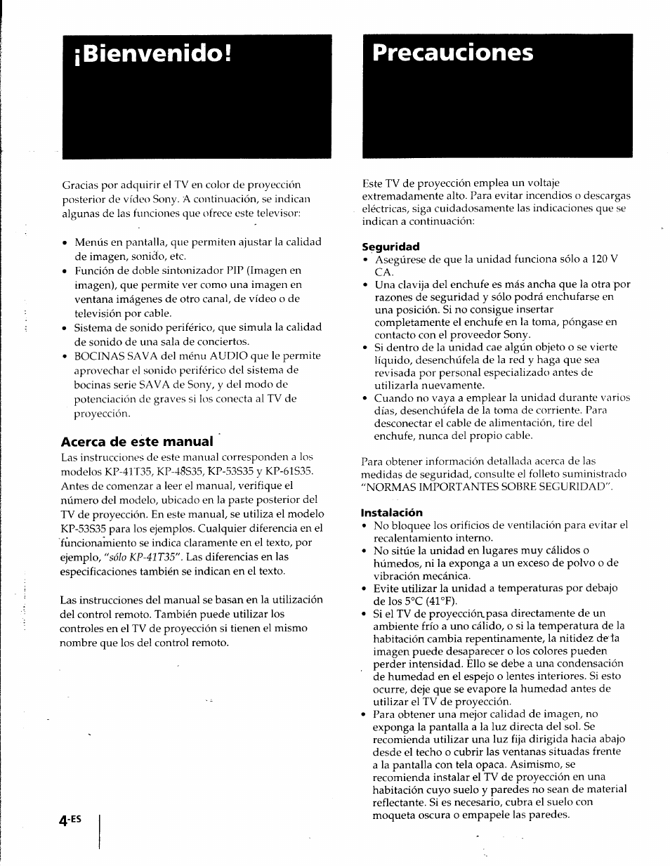 Bienvenido, Precauciones, Acerca de este manual | Seguridad, Instalación, Bienvenido! precauciones | Sony KP-41T35 User Manual | Page 46 / 84