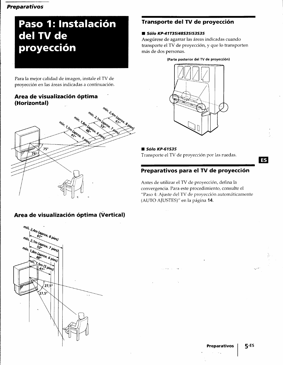 Paso 1: instalación del tv de proyección, Area de visualización óptima (horizontal), Transporte del tv de proyección | Preparativos para el tv de proyección, Area de visualización óptima (vertical) | Sony KP-41T35 User Manual | Page 47 / 84