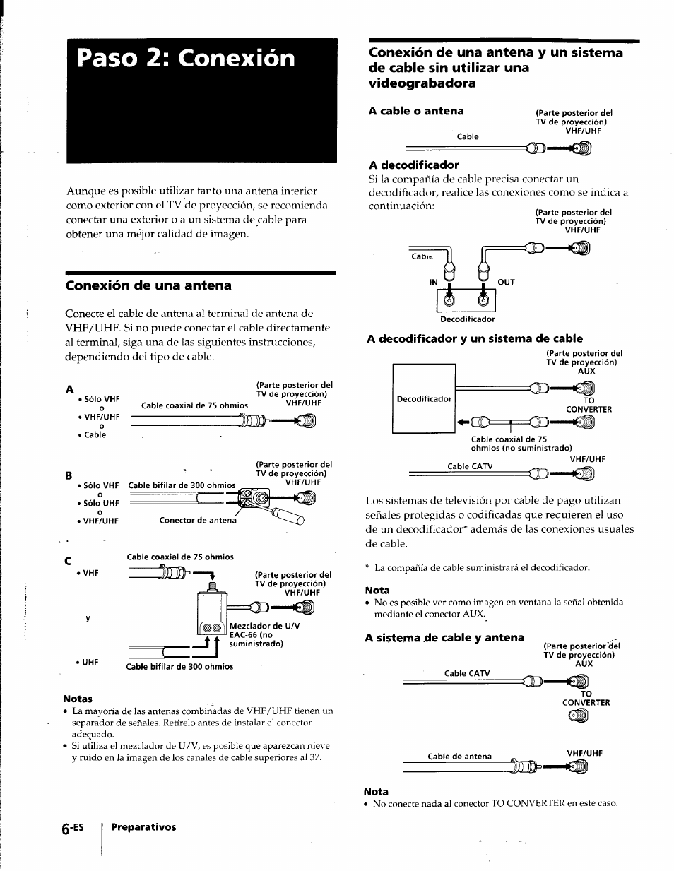 Paso 2: conexión, Conexión de una antena, A cable o antena | A decodificador, A decodificador y un sistema de cable, A sistemando cable y antena | Sony KP-41T35 User Manual | Page 48 / 84