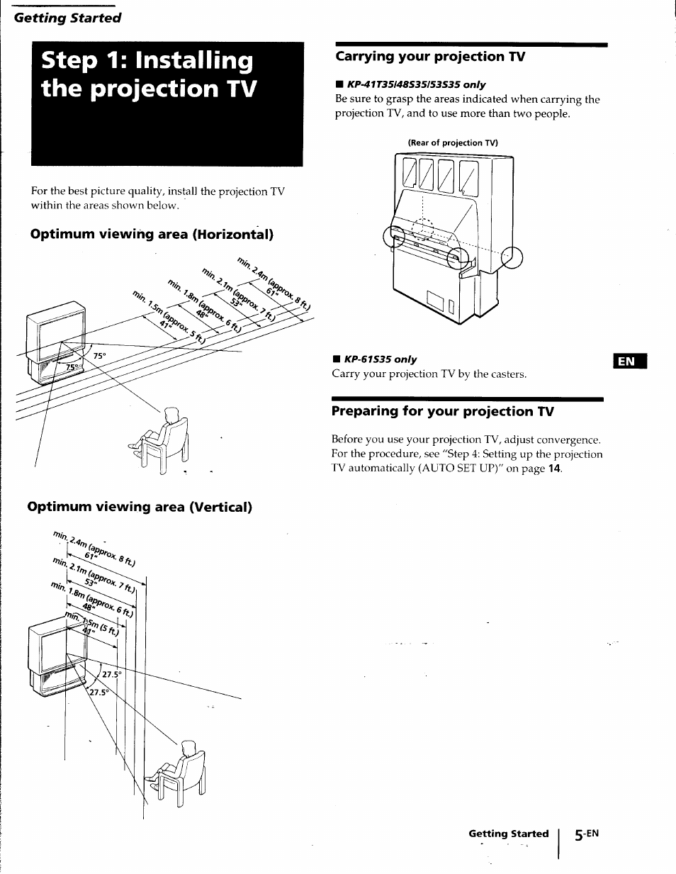 Step 1: installing the projection tv, Optimum viewing area (horizontal), Carrying your projection tv | Preparing for your projection tv, Optimum viewing area (vertical) | Sony KP-41T35 User Manual | Page 5 / 84