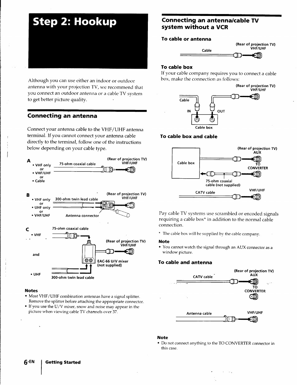 To cable or antenna, Connecting an antenna, To cable box | To cable box and cable, To cable and antenna, Step 2: hookup | Sony KP-41T35 User Manual | Page 6 / 84