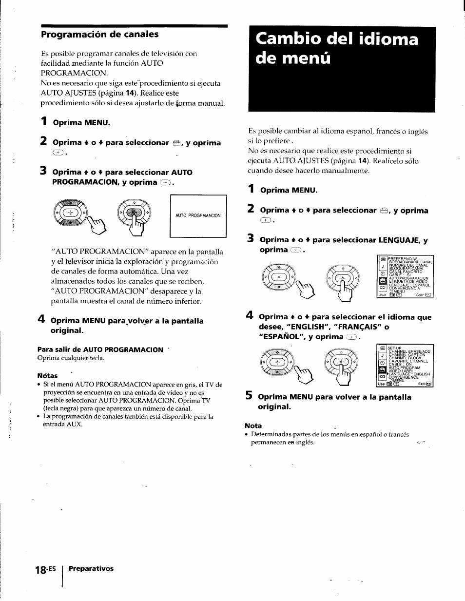 Programación de canales, Cambio del idioma de menú, 18 es | Sony KP-41T35 User Manual | Page 60 / 84