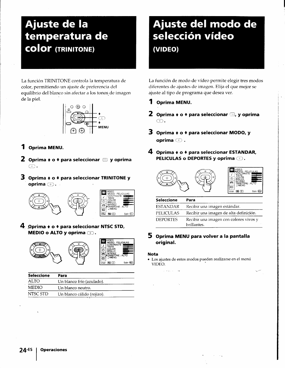 Ajuste de la temperatura de, Ajuste del modo de selección vídeo, Ajuste de la temperatura de color | Trinitone), Video), S!q) gd, Mil gd | Sony KP-41T35 User Manual | Page 66 / 84