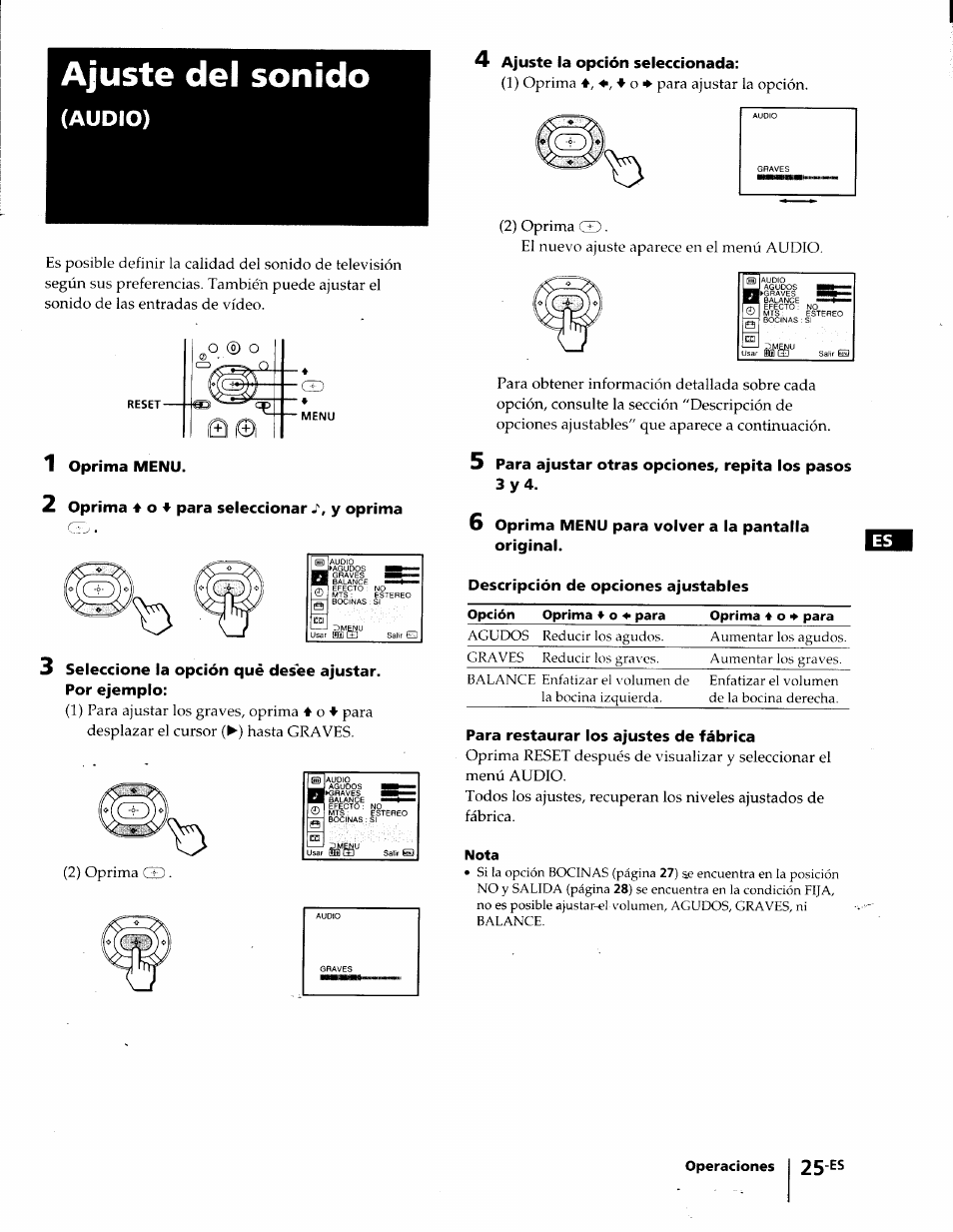 Ajuste del sonido, 1 oprima menu, 2 oprima 4 0«^ para seleccionar j'. y oprima | 6 oprima menu para volver a la pantalla original, Descripción de opciones ajustables, Para restaurar los ajustes de fábrica, Audio) | Sony KP-41T35 User Manual | Page 67 / 84