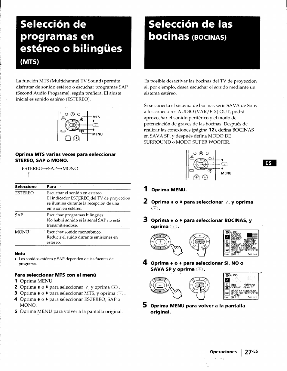 Selección de programas en estéreo o bilingües, Para seleccionar mts con el menú, 5 oprima menu para volver a la pantalla original | Selección de las bocinas (bocinas) | Sony KP-41T35 User Manual | Page 69 / 84