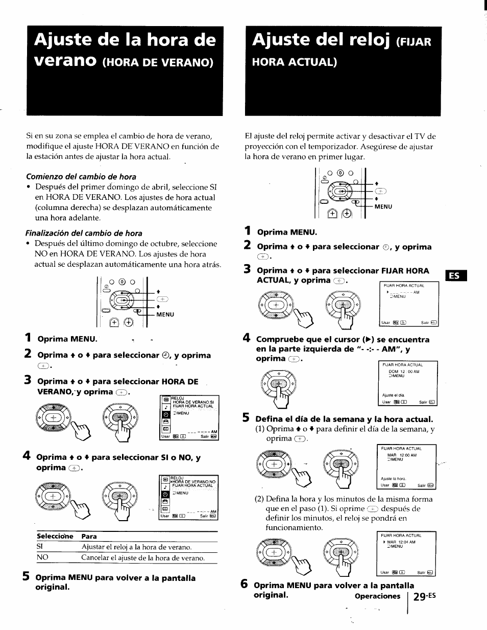 Ajuste de la hora de verano (hora de verano), Ajuste del reloj (fijar, Ajuste de la hora de verano | Ajuste del reloj, Hora actual) | Sony KP-41T35 User Manual | Page 71 / 84