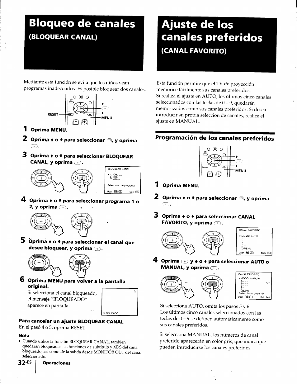 Bloqueo de canales, Ajuste de los canales preferidos, Programación de los canales preferidos | Bloquear canal), Canal favorito) | Sony KP-41T35 User Manual | Page 74 / 84