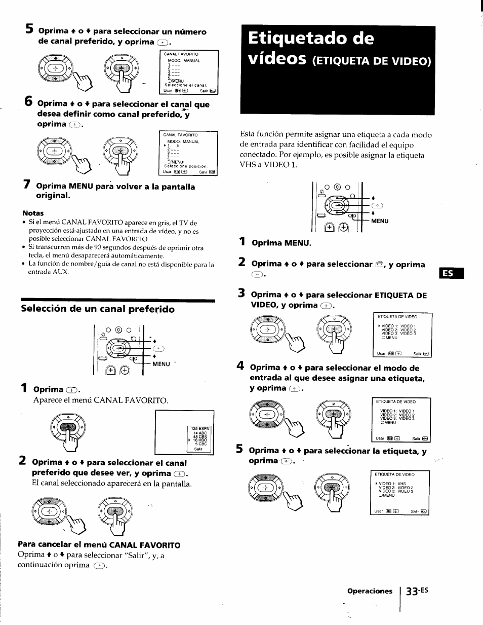 Selección de un canal preferido, Etiquetado de, Etiquetado de vídeos | Etiqueta de video), O ® o, 0 ® n | Sony KP-41T35 User Manual | Page 75 / 84