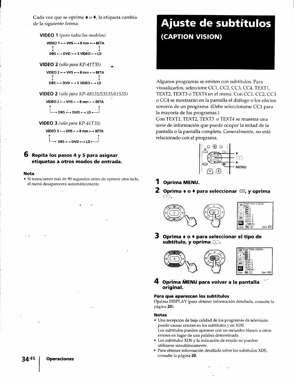 Ajuste de subtítulos, 4 oprima menu para volver a la pantalla original, I- i | Caption vision) | Sony KP-41T35 User Manual | Page 76 / 84