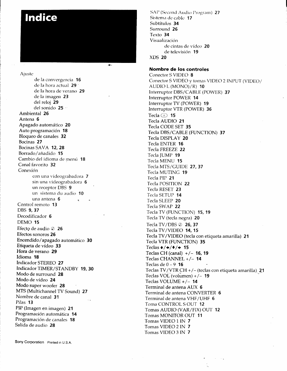 Nombre de los controles, Indice | Sony KP-41T35 User Manual | Page 84 / 84