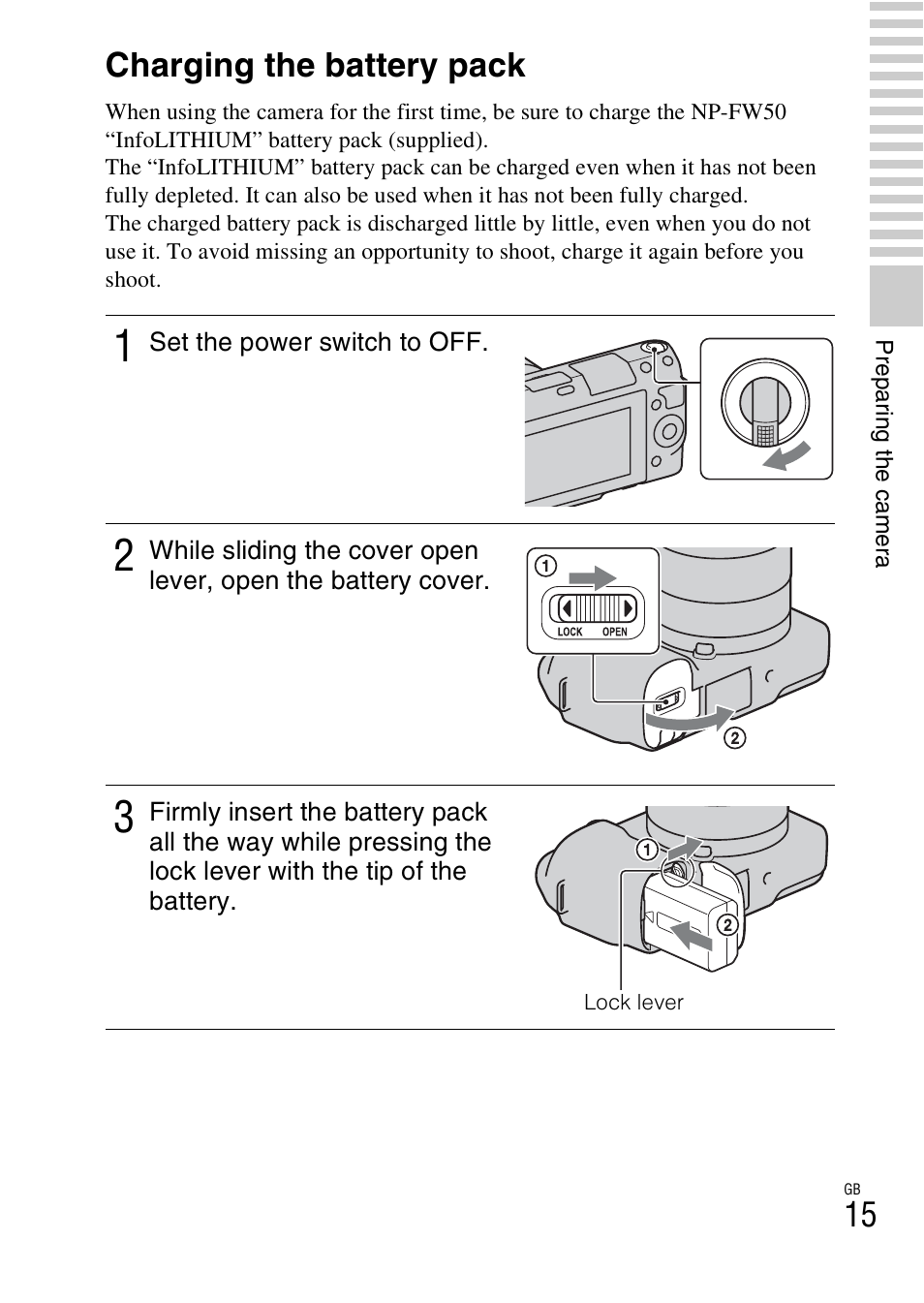 Charging the battery pack | Sony NEX-F3 User Manual | Page 15 / 94