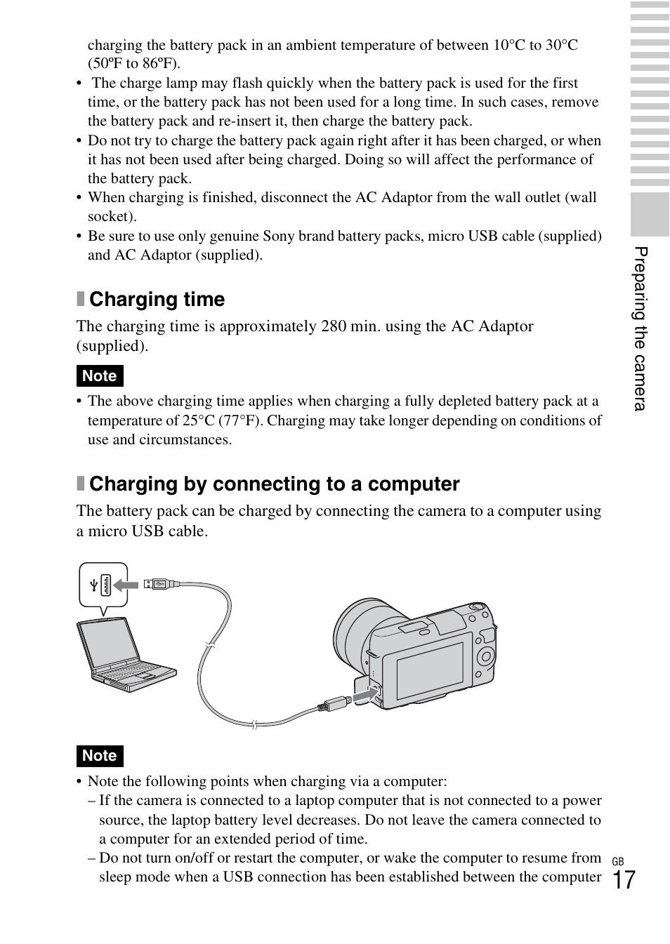 Xcharging time, Xcharging by connecting to a computer | Sony NEX-F3 User Manual | Page 17 / 94