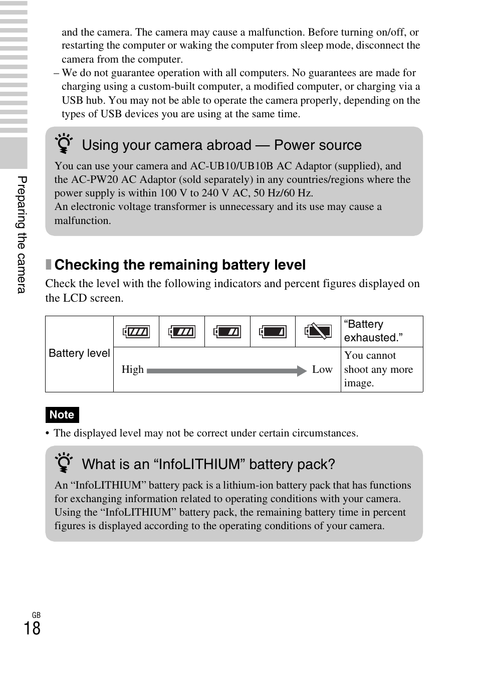 Xchecking the remaining battery level, Using your camera abroad — power source, What is an “infolithium” battery pack | Sony NEX-F3 User Manual | Page 18 / 94