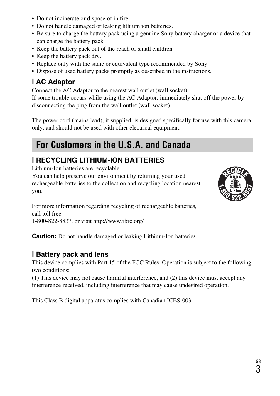 For customers in the u.s.a. and canada | Sony NEX-F3 User Manual | Page 3 / 94