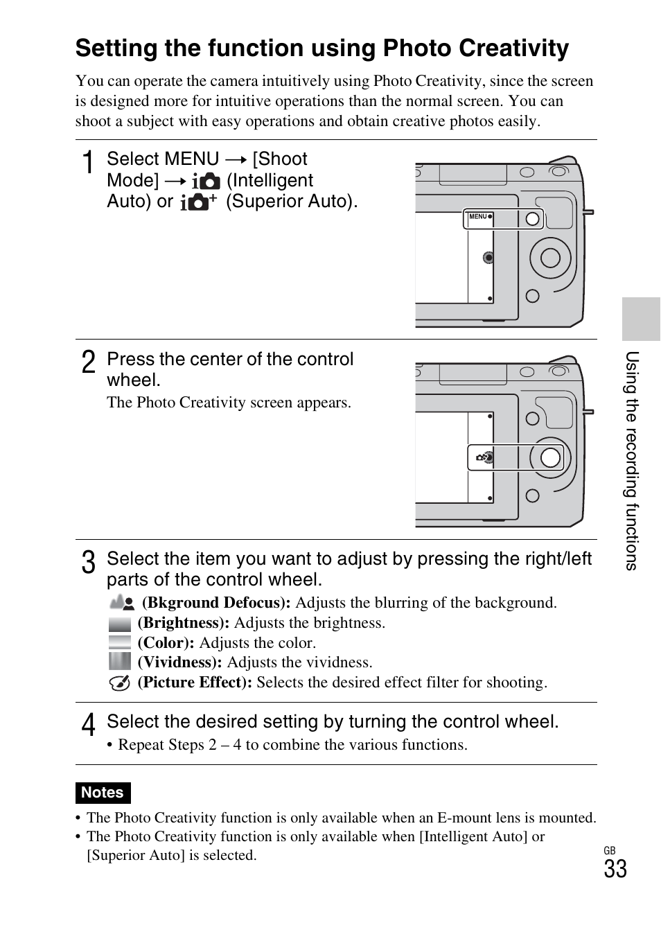 Using the recording functions, Setting the function using photo creativity | Sony NEX-F3 User Manual | Page 33 / 94