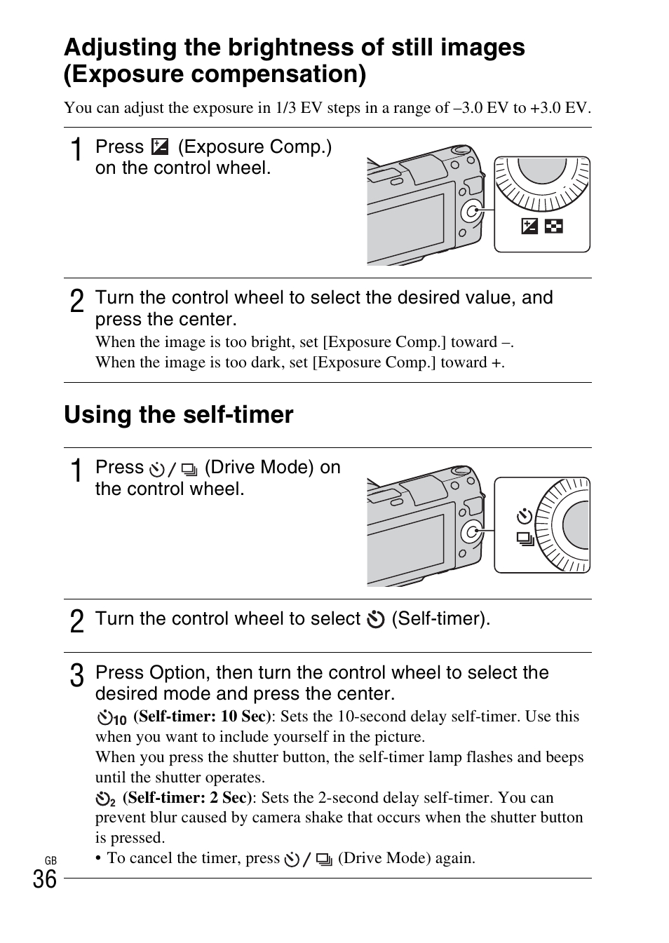 Using the self-timer | Sony NEX-F3 User Manual | Page 36 / 94