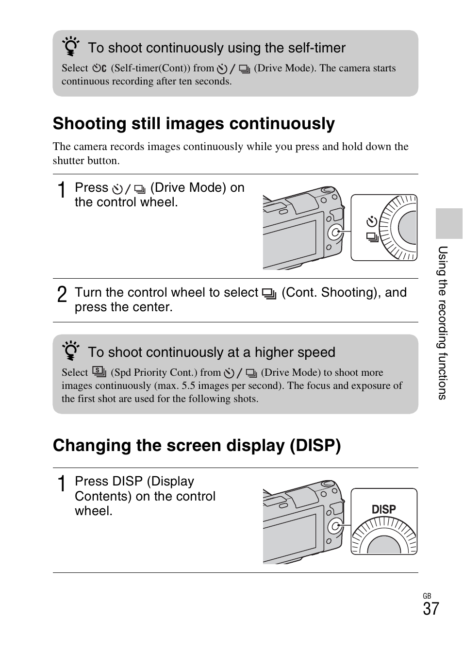 Shooting still images continuously, Changing the screen display (disp) | Sony NEX-F3 User Manual | Page 37 / 94