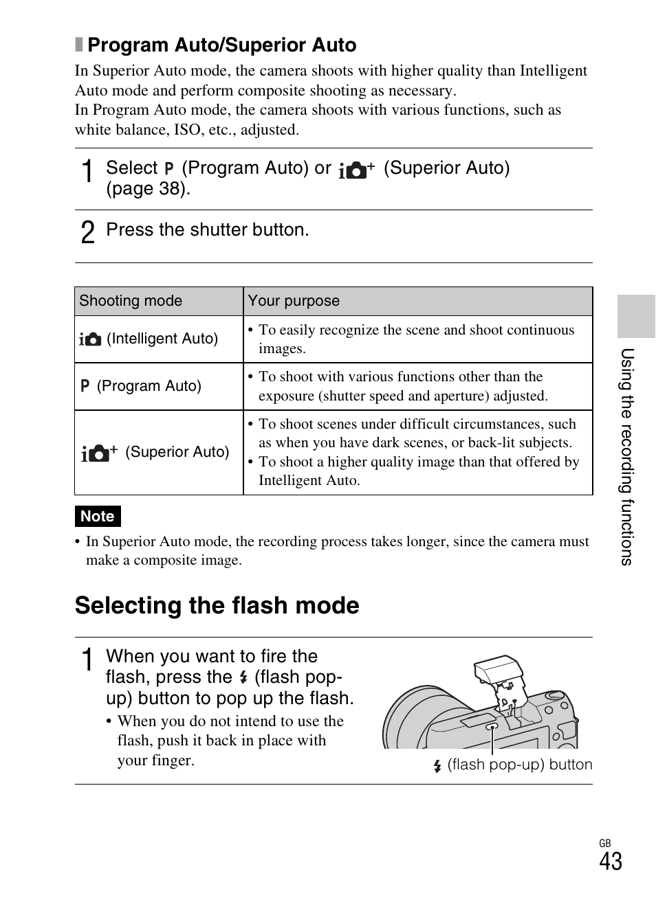 Selecting the flash mode | Sony NEX-F3 User Manual | Page 43 / 94