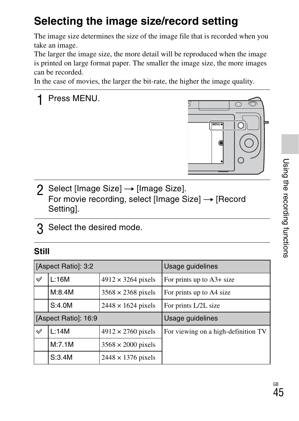 Selecting the image size/record setting | Sony NEX-F3 User Manual | Page 45 / 94